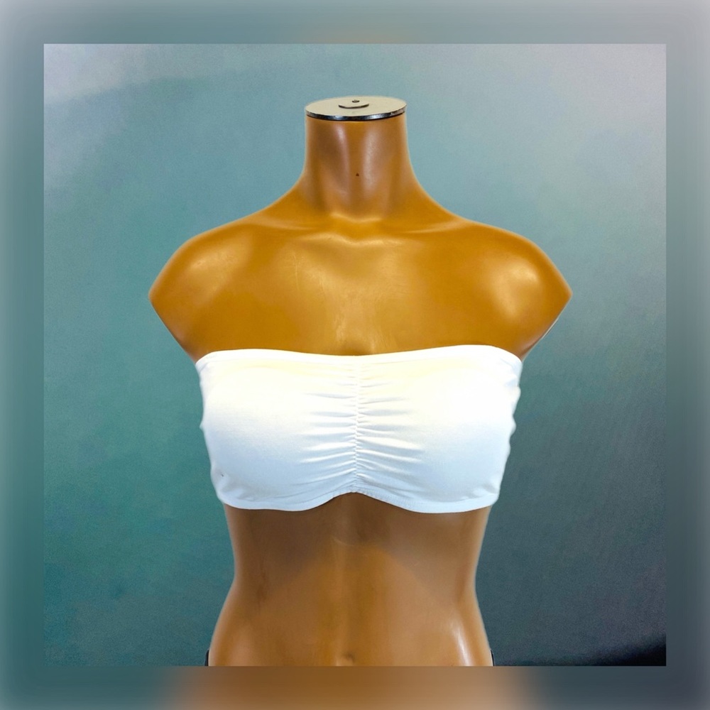 || White Ruched Strapless Bandeau Top-